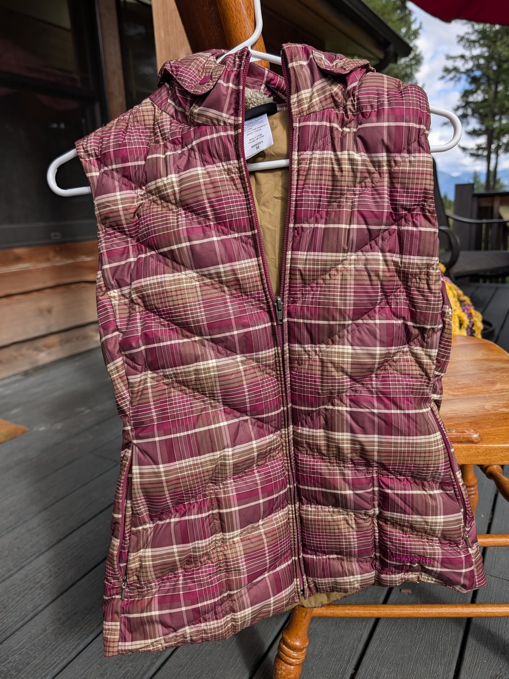 Patagonia Hooded Down Vest in Burgundy and Gold Plaid